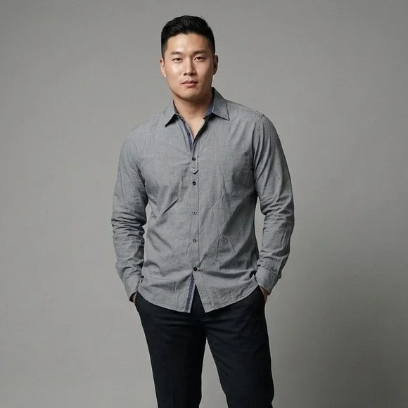 Diesel Mens XXL Gray Micro Dobby Cotton Long Sleeve Button Down Shirt Logo - Picture 1 of 11